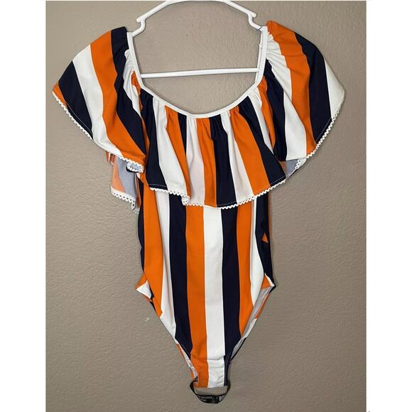 Boohoo Maternity Off The Shoulder Ruffle Stripe White Swimsuit Size 4 - NWT - Picture 3 of 8